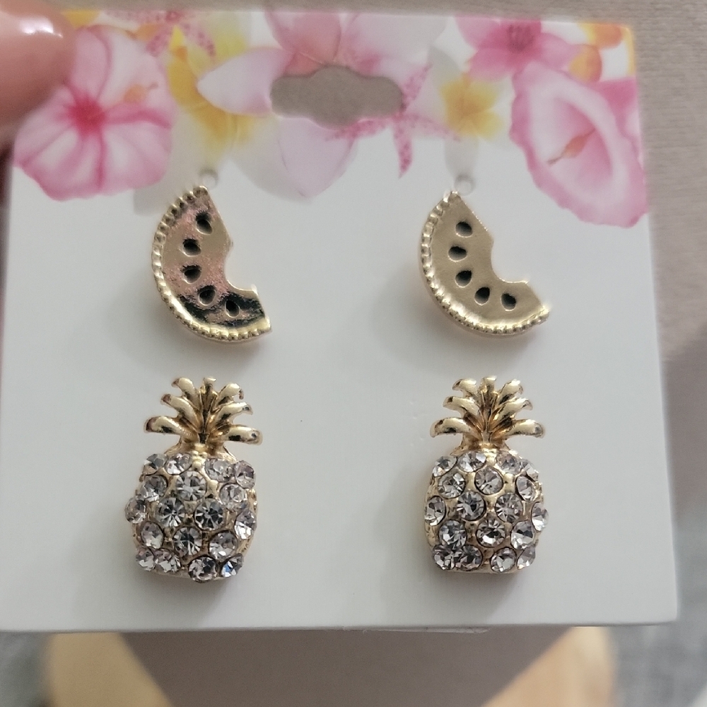 Gold Tone Pineapple and Watermelon Earrings